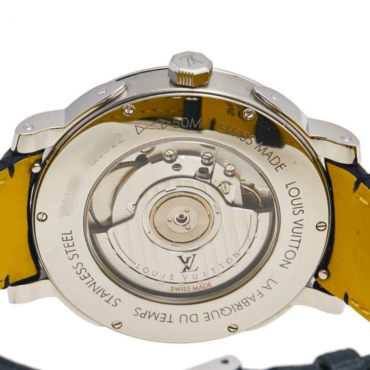 Pre Owned Louis Vuitton Blue Stainless Steel Alligator Escale Timezone Q5D22 Men's Wristwatch 41 mm