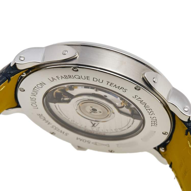 Pre Owned Louis Vuitton Blue Stainless Steel Alligator Escale Timezone Q5D22 Men's Wristwatch 41 mm