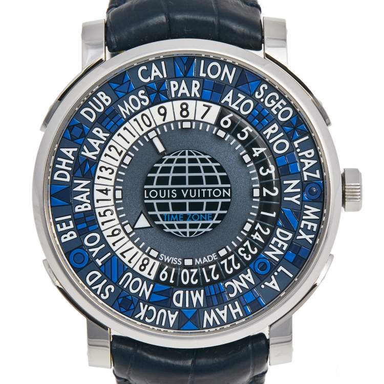 Pre Owned Louis Vuitton Blue Stainless Steel Alligator Escale Timezone Q5D22 Men's Wristwatch 41 mm