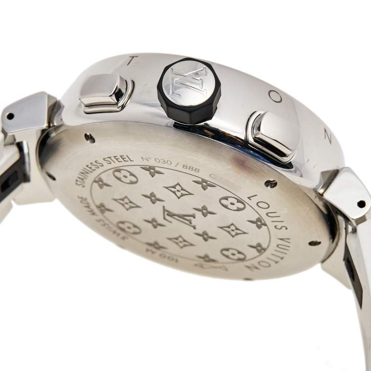Pre Owned Louis Vuitton Grey Stainless Steel Rubber Tambour Voyagez II Q102C Men's Wristwatch 44 mm