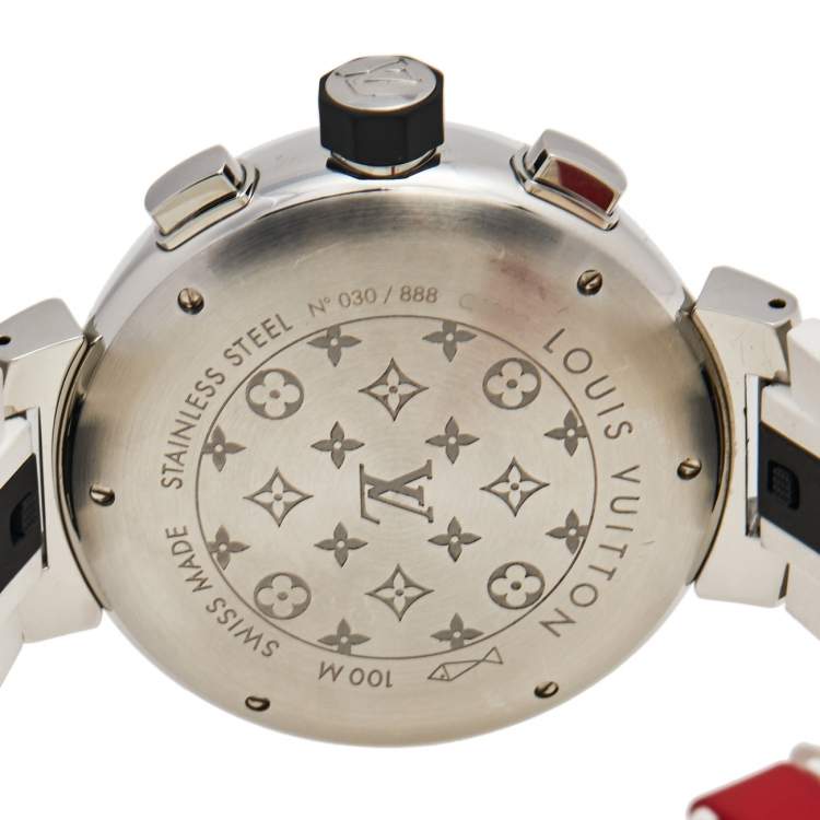 Pre Owned Louis Vuitton Grey Stainless Steel Rubber Tambour Voyagez II Q102C Men's Wristwatch 44 mm