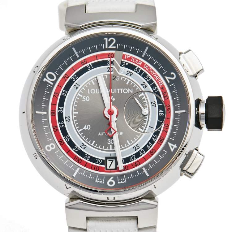 Pre Owned Louis Vuitton Grey Stainless Steel Rubber Tambour Voyagez II Q102C Men's Wristwatch 44 mm