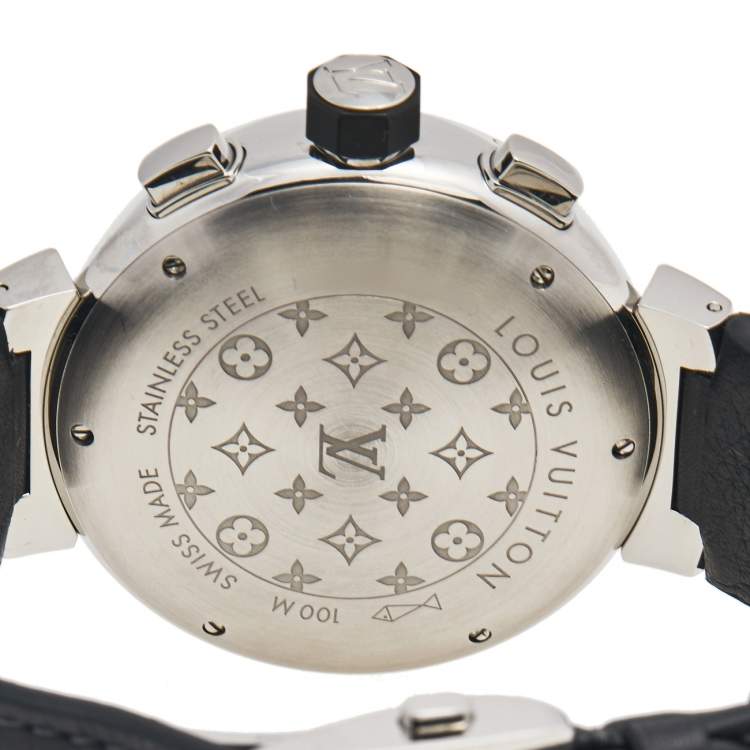 Pre Owned Louis Vuitton Grey Stainless Steel Leather Tambour VVV Chronograph Q1A60 Men's Wristwatch 44 mm