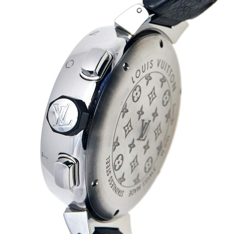 Pre Owned Louis Vuitton Grey Stainless Steel Leather Tambour VVV Chronograph Q1A60 Men's Wristwatch 44 mm