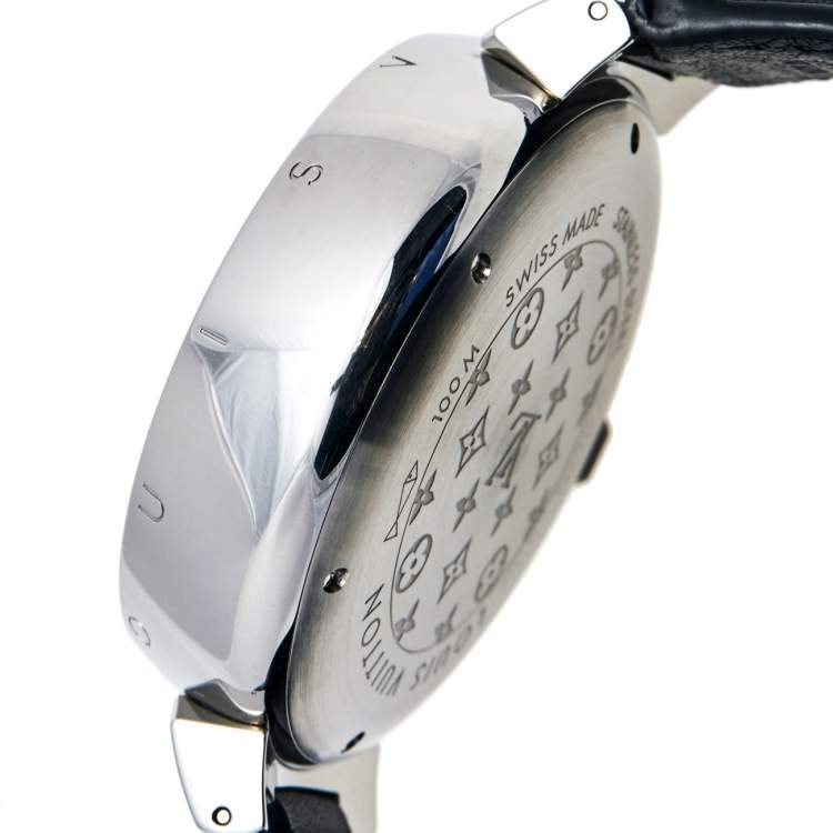 Pre Owned Louis Vuitton Grey Stainless Steel Leather Tambour VVV Chronograph Q1A60 Men's Wristwatch 44 mm
