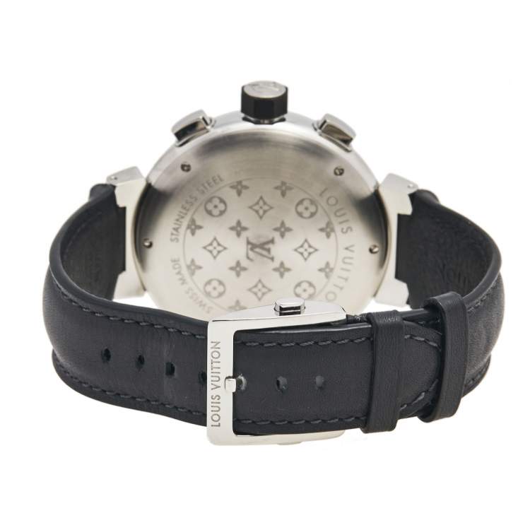 Pre Owned Louis Vuitton Grey Stainless Steel Leather Tambour VVV Chronograph Q1A60 Men's Wristwatch 44 mm