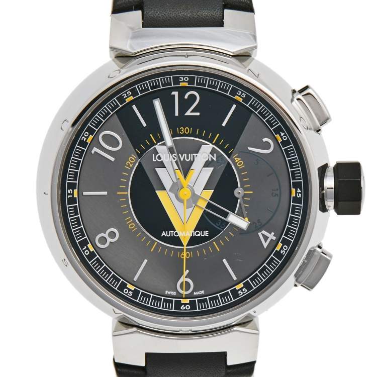 Pre Owned Louis Vuitton Grey Stainless Steel Leather Tambour VVV Chronograph Q1A60 Men's Wristwatch 44 mm