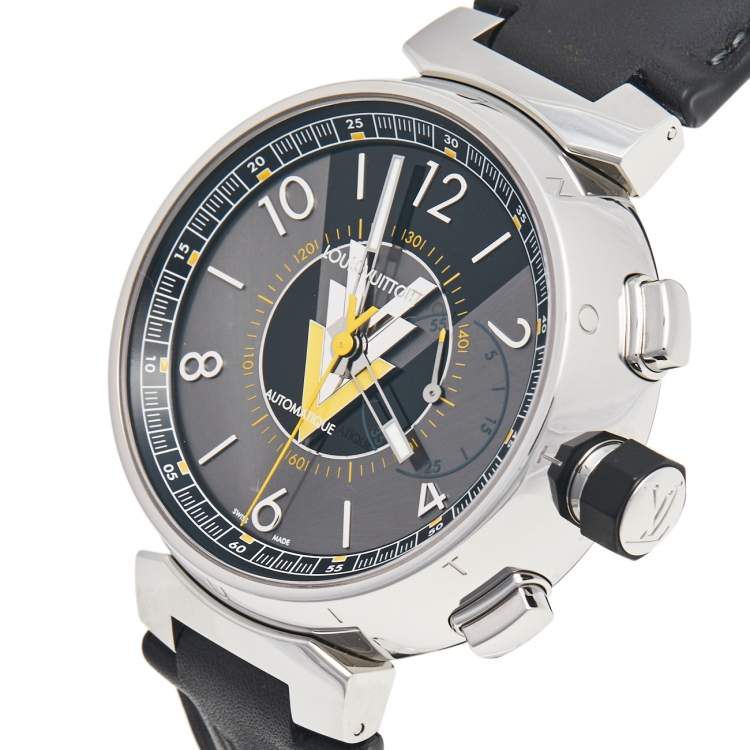 Pre Owned Louis Vuitton Grey Stainless Steel Leather Tambour VVV Chronograph Q1A60 Men's Wristwatch 44 mm