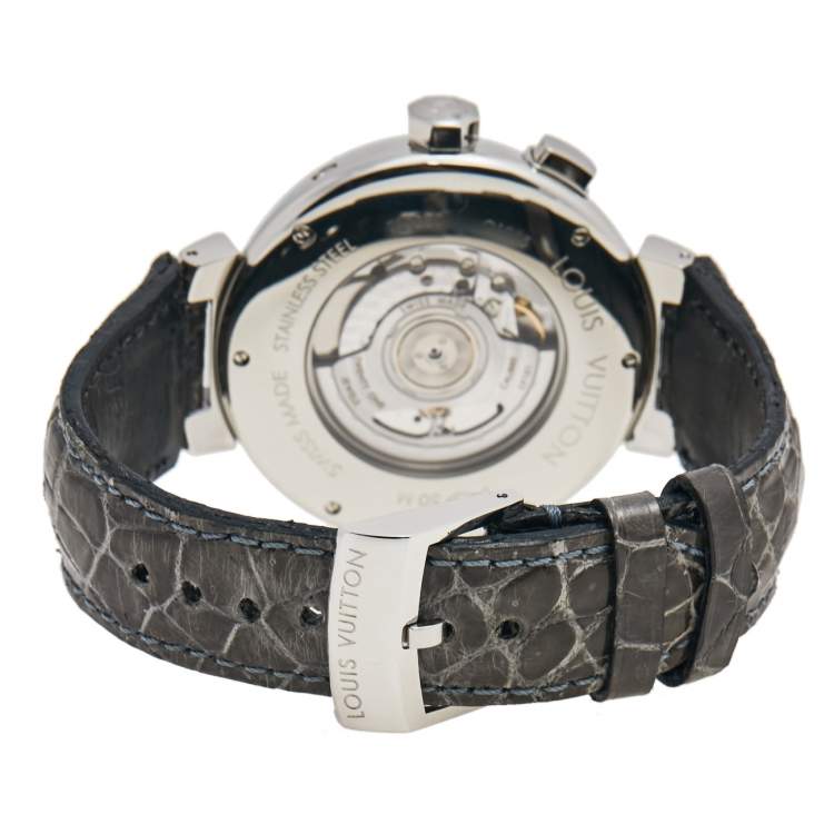 Pre Owned Louis Vuitton Grey Stainless Steel Alligator Tambour World Time Q1055 Men's Wristwatch 44 mm