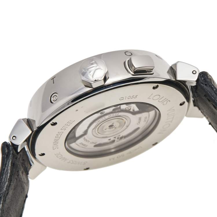 Pre Owned Louis Vuitton Grey Stainless Steel Alligator Tambour World Time Q1055 Men's Wristwatch 44 mm