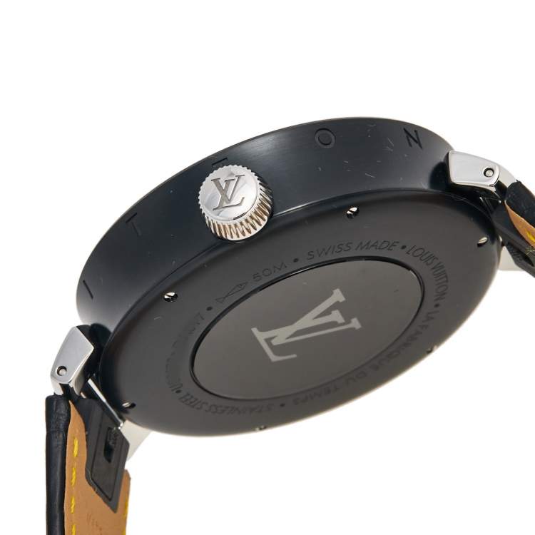 Pre Owned Louis Vuitton Grey PVD Coated Stainless Steel Alligator Moon Dual Time QA097 Men's Wristwatch 44 mm