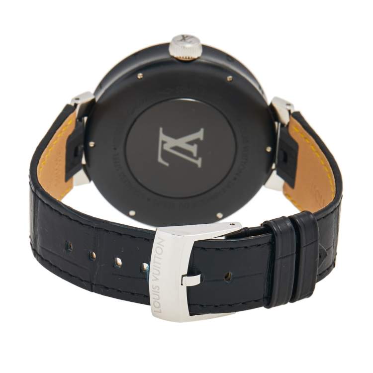Pre Owned Louis Vuitton Grey PVD Coated Stainless Steel Alligator Moon Dual Time QA097 Men's Wristwatch 44 mm