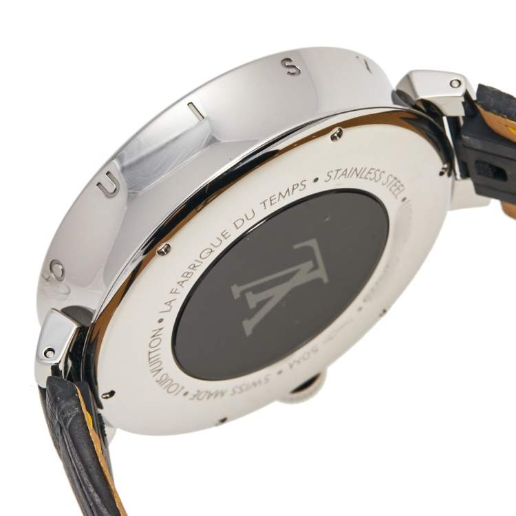 Pre Owned Louis Vuitton Silver Stainless Steel Alligator Tambour Moon Dual Time QA096 Men's Wristwatch 44 mm