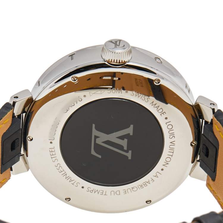 Pre Owned Louis Vuitton Silver Stainless Steel Alligator Tambour Moon Dual Time QA096 Men's Wristwatch 44 mm