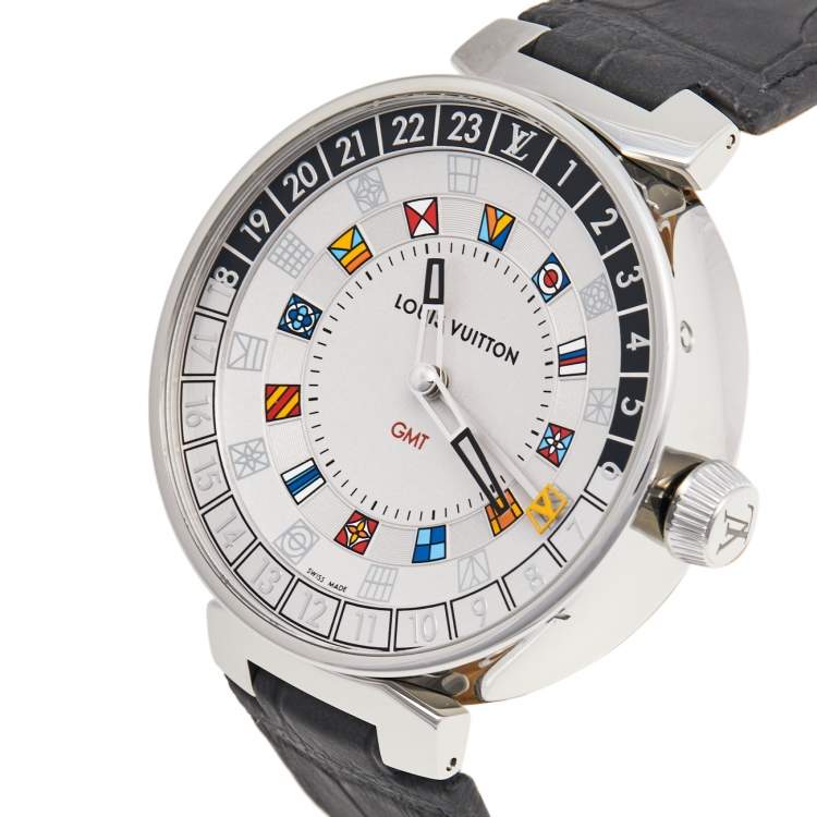 Pre Owned Louis Vuitton Silver Stainless Steel Alligator Tambour Moon Dual Time QA096 Men's Wristwatch 44 mm