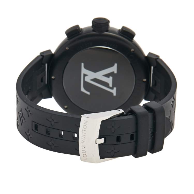 Pre Owned Louis Vuitton Black PVD Coated Stainless Steel Rubber Tambour Chronograph Q1A62 Men's Wristwatch 46 mm