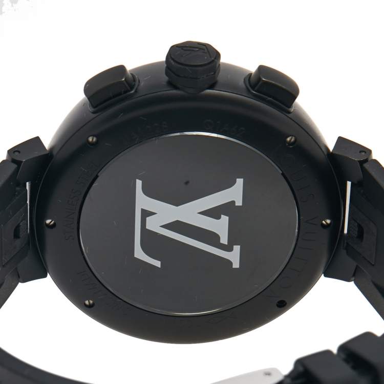 Pre Owned Louis Vuitton Black PVD Coated Stainless Steel Rubber Tambour Chronograph Q1A62 Men's Wristwatch 46 mm