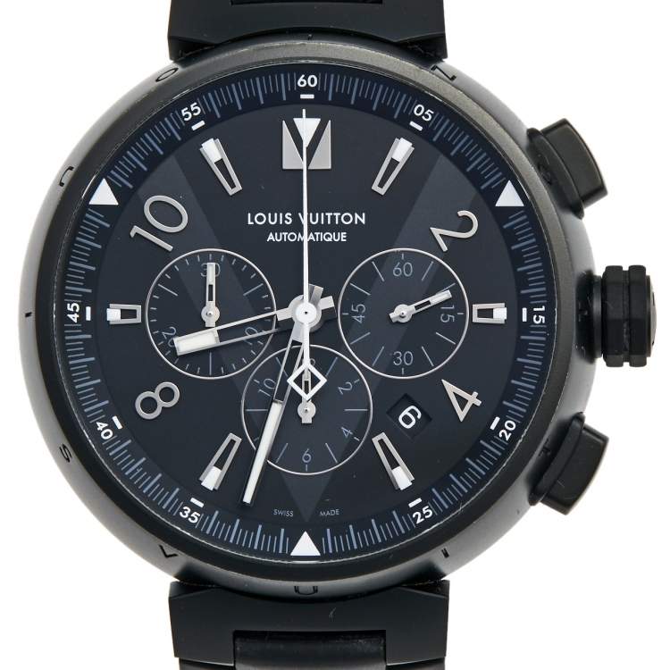 Pre Owned Louis Vuitton Black PVD Coated Stainless Steel Rubber Tambour Chronograph Q1A62 Men's Wristwatch 46 mm