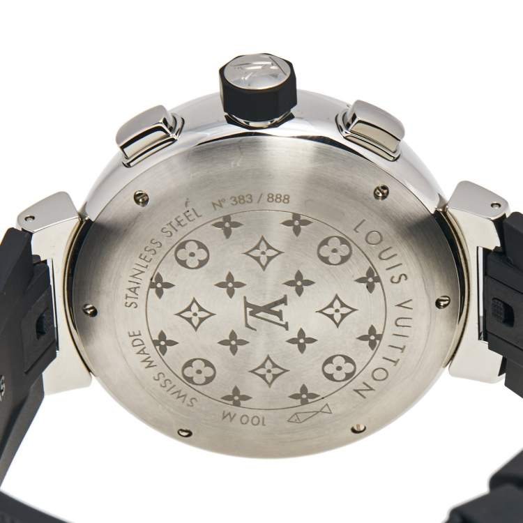Pre Owned Louis Vuitton Black Stainless Steel Rubber Tambour Flyback Q102B Men's Wristwatch 44 mm