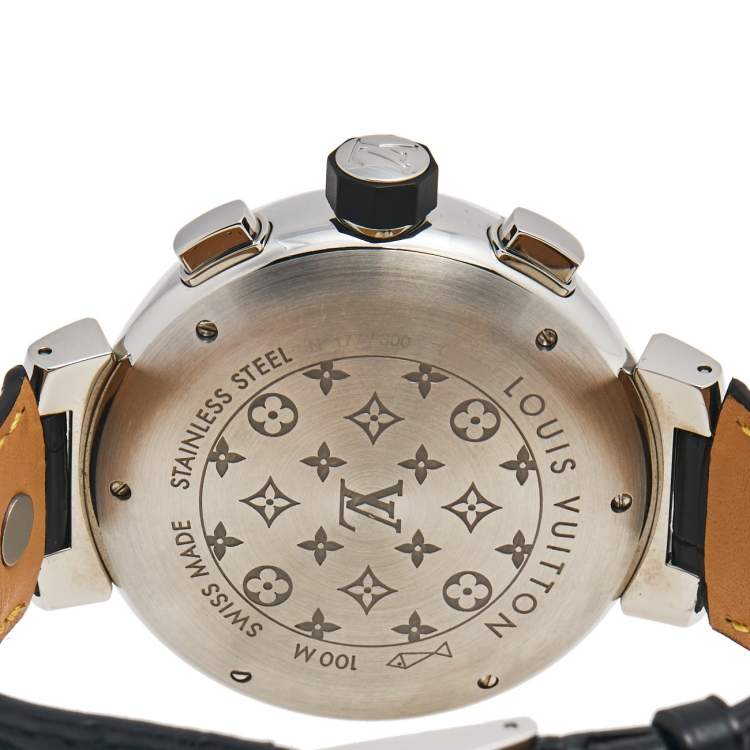 Pre Owned Louis Vuitton Silver Stainless Steel Alligator Tambour Flyback Q1028 Men's Wristwatch 44 mm