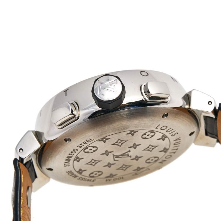 Pre Owned Louis Vuitton Silver Stainless Steel Alligator Tambour Flyback Q1028 Men's Wristwatch 44 mm