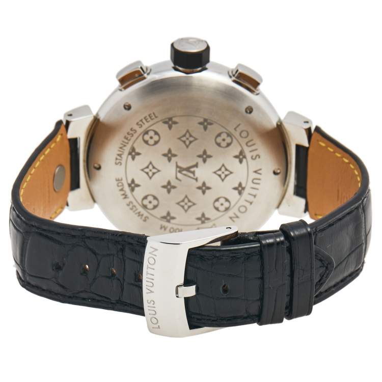 Pre Owned Louis Vuitton Silver Stainless Steel Alligator Tambour Flyback Q1028 Men's Wristwatch 44 mm