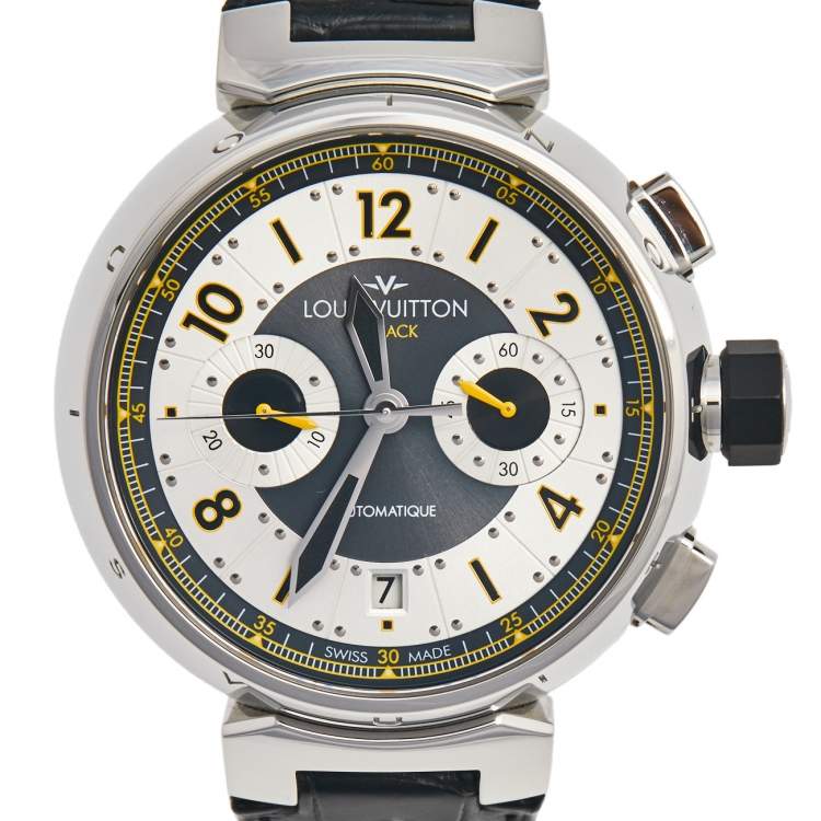 Pre Owned Louis Vuitton Silver Stainless Steel Alligator Tambour Flyback Q1028 Men's Wristwatch 44 mm