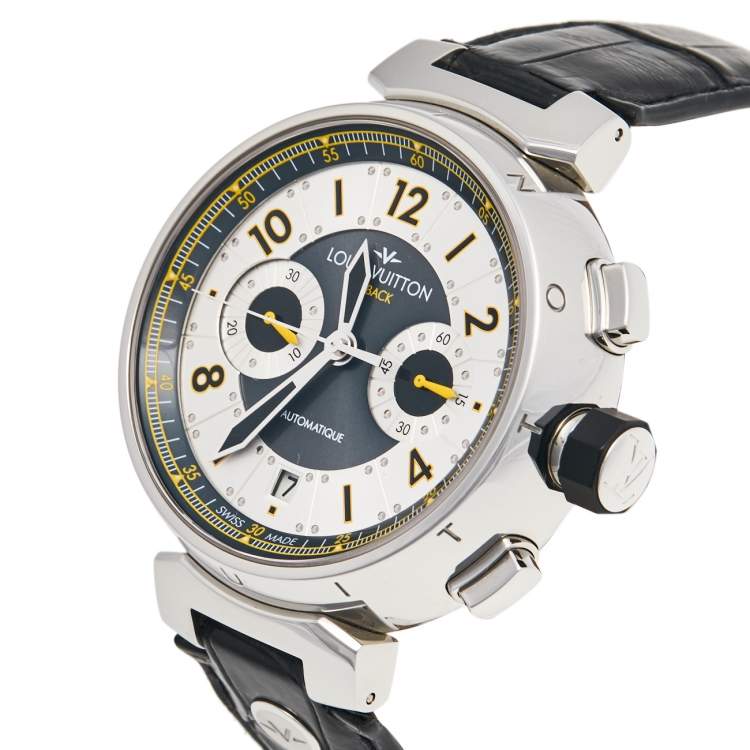 Pre Owned Louis Vuitton Silver Stainless Steel Alligator Tambour Flyback Q1028 Men's Wristwatch 44 mm