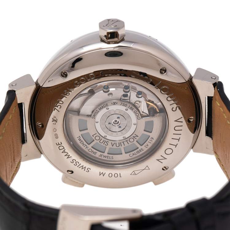 Pre Owned Louis Vuitton Black 18K White Gold Alligator Tambour Spin GMT Q10C3 Men's Wristwatch 44 mm