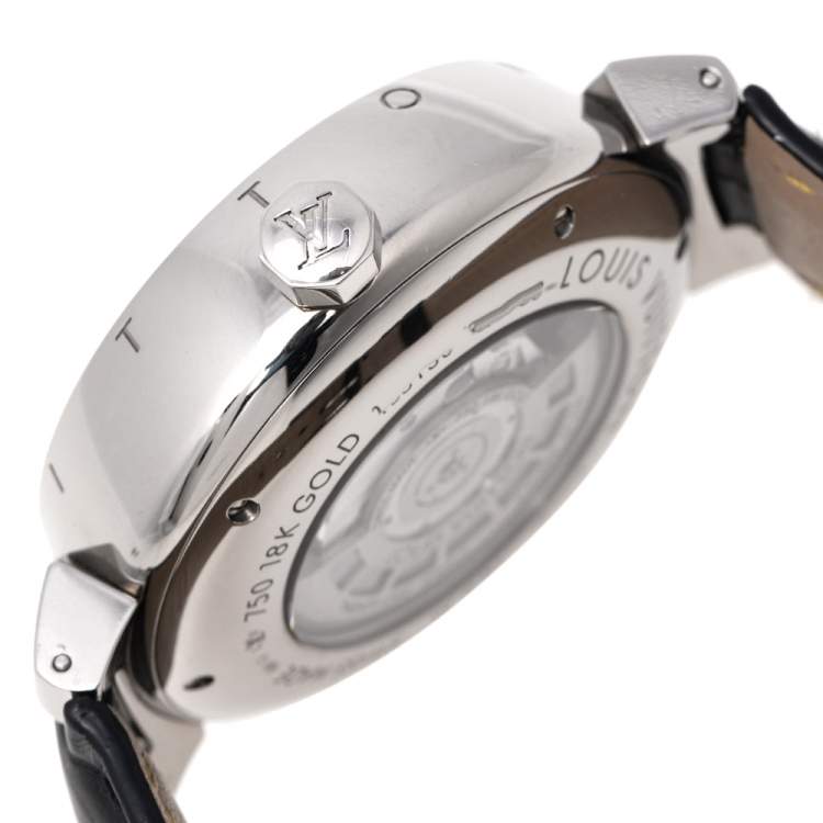 Pre Owned Louis Vuitton Black 18K White Gold Alligator Tambour Spin GMT Q10C3 Men's Wristwatch 44 mm