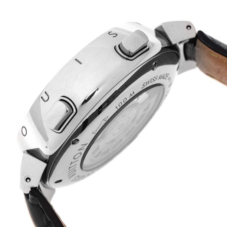 Pre Owned Louis Vuitton Black 18K White Gold Alligator Tambour Spin GMT Q10C3 Men's Wristwatch 44 mm