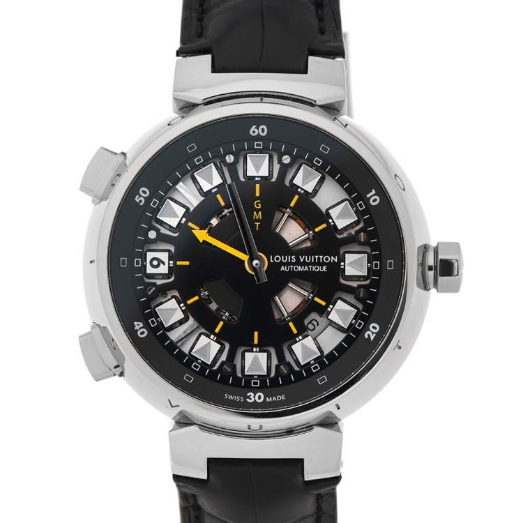 Pre Owned Louis Vuitton Black 18K White Gold Alligator Tambour Spin GMT Q10C3 Men's Wristwatch 44 mm