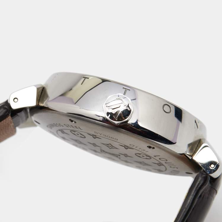 Pre Owned Louis Vuitton Brown Stainless Steel Alligator Tambour GMT Q1131 Men's Wristwatch 39 mm