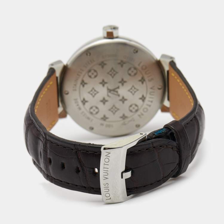 Pre Owned Louis Vuitton Brown Stainless Steel Alligator Tambour GMT Q1131 Men's Wristwatch 39 mm
