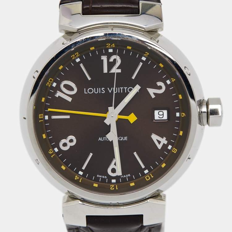 Pre Owned Louis Vuitton Brown Stainless Steel Alligator Tambour GMT Q1131 Men's Wristwatch 39 mm