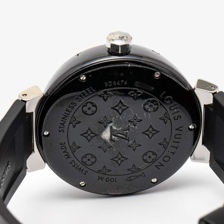 Pre Owned Louis Vuitton Black PVD Coated Stainless Steel Rubber Tambour GMT Q113K Men's Wristwatch 41 mm