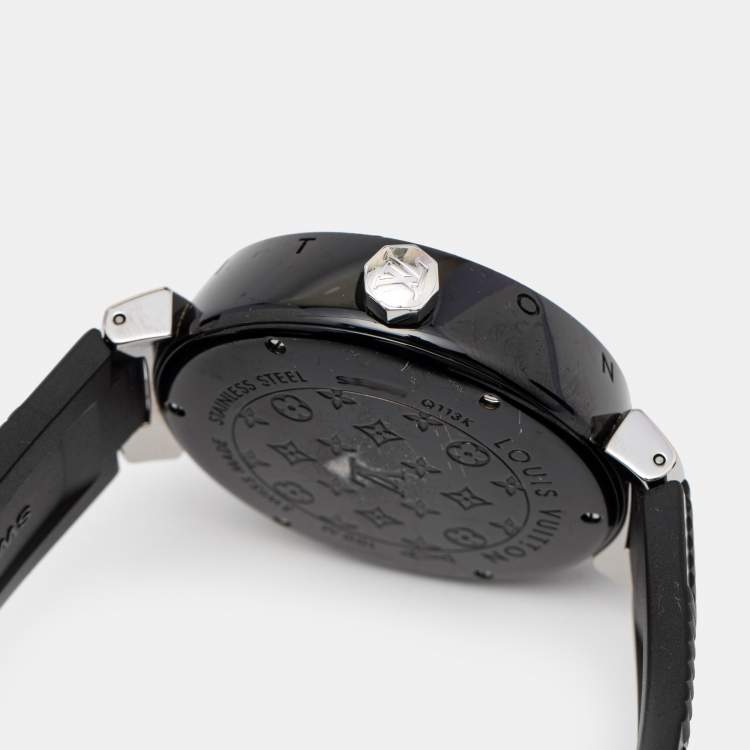 Pre Owned Louis Vuitton Black PVD Coated Stainless Steel Rubber Tambour GMT Q113K Men's Wristwatch 41 mm