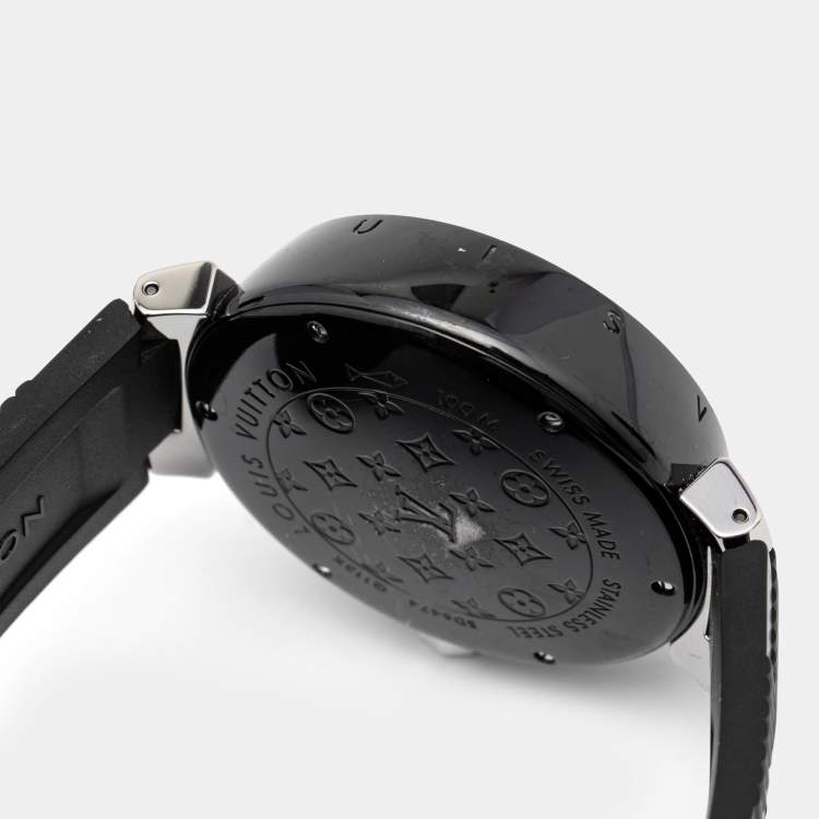 Pre Owned Louis Vuitton Black PVD Coated Stainless Steel Rubber Tambour GMT Q113K Men's Wristwatch 41 mm