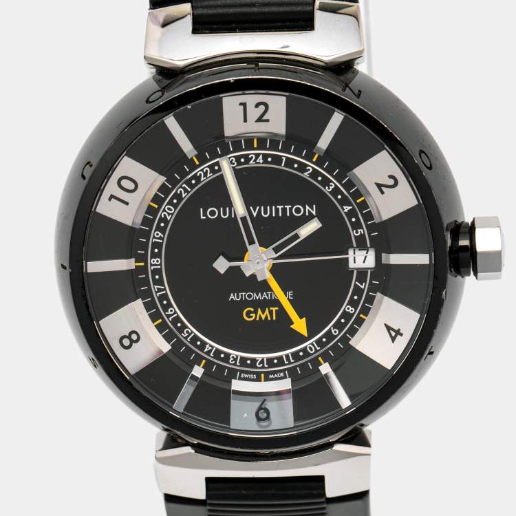 Pre Owned Louis Vuitton Black PVD Coated Stainless Steel Rubber Tambour GMT Q113K Men's Wristwatch 41 mm