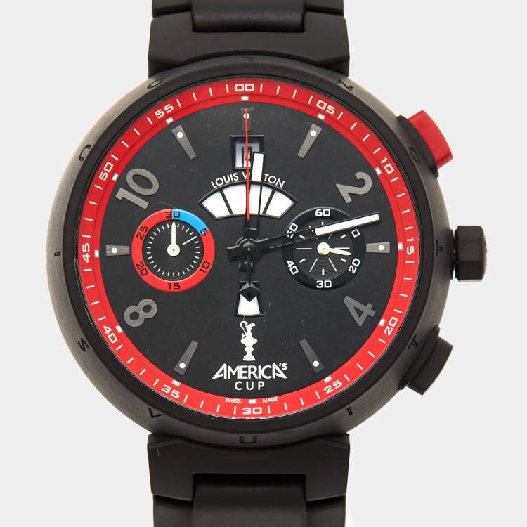 Pre Owned Louis Vuitton Black Stainless Steel Rubber Tambour 'America's Cup' Limited Edition Q102H Men's Wristwatch 44 mm