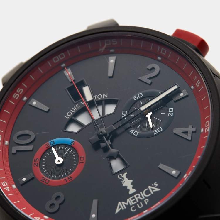 Pre Owned Louis Vuitton Black Stainless Steel Rubber Tambour 'America's Cup' Limited Edition Q102H Men's Wristwatch 44 mm