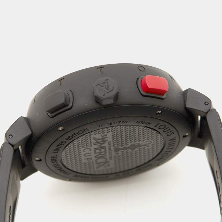 Pre Owned Louis Vuitton Black Stainless Steel Rubber Tambour 'America's Cup' Limited Edition Q102H Men's Wristwatch 44 mm