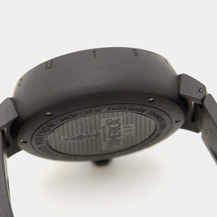 Pre Owned Louis Vuitton Black Stainless Steel Rubber Tambour 'America's Cup' Limited Edition Q102H Men's Wristwatch 44 mm