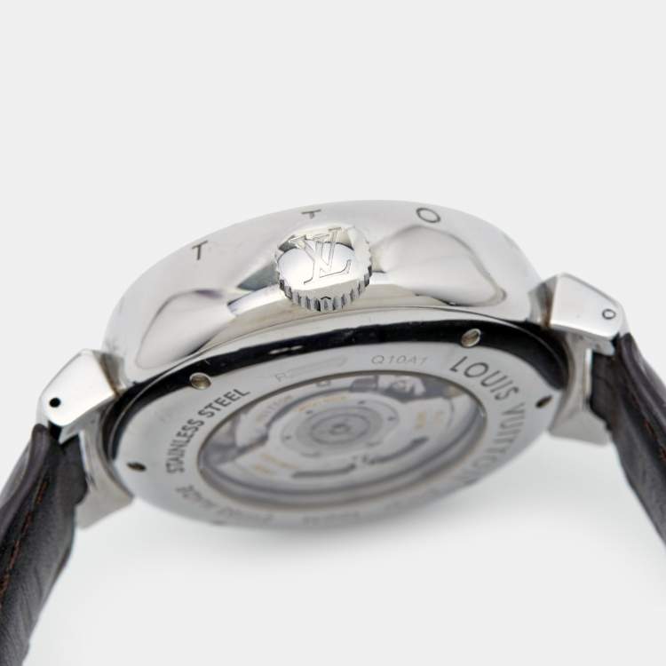 Pre Owned Louis Vuitton Brown Stainless Steel Alligator Tambour Q10A1 Automatic Men's Wristwatch 45 mm