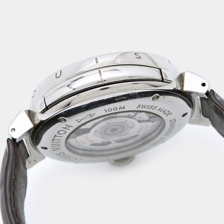 Pre Owned Louis Vuitton Brown Stainless Steel Alligator Tambour Q10A1 Automatic Men's Wristwatch 45 mm
