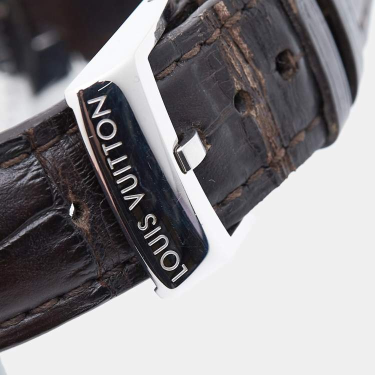 Pre Owned Louis Vuitton Brown Stainless Steel Alligator Tambour Q10A1 Automatic Men's Wristwatch 45 mm