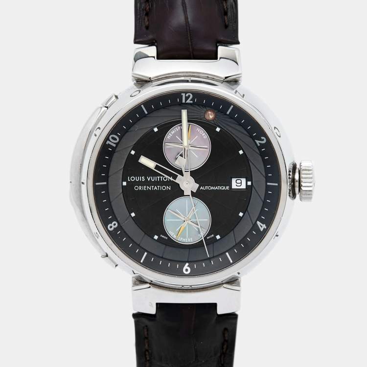 Pre Owned Louis Vuitton Brown Stainless Steel Alligator Tambour Q10A1 Automatic Men's Wristwatch 45 mm
