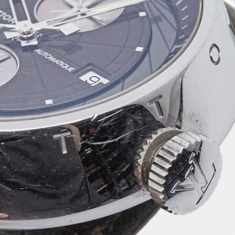 Pre Owned Louis Vuitton Brown Stainless Steel Alligator Tambour Q10A1 Automatic Men's Wristwatch 45 mm