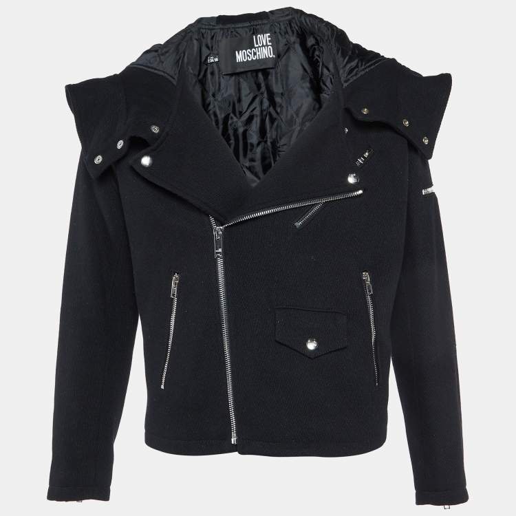 Pre Owned Love Moschino Black Wool Blend Zip Detail Hoodie Jacket L