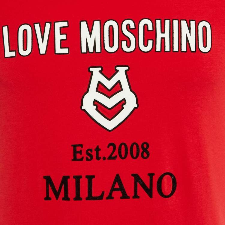 Pre Owned Love Moschino Red Logo Print Cotton Crew Neck T-Shirt M